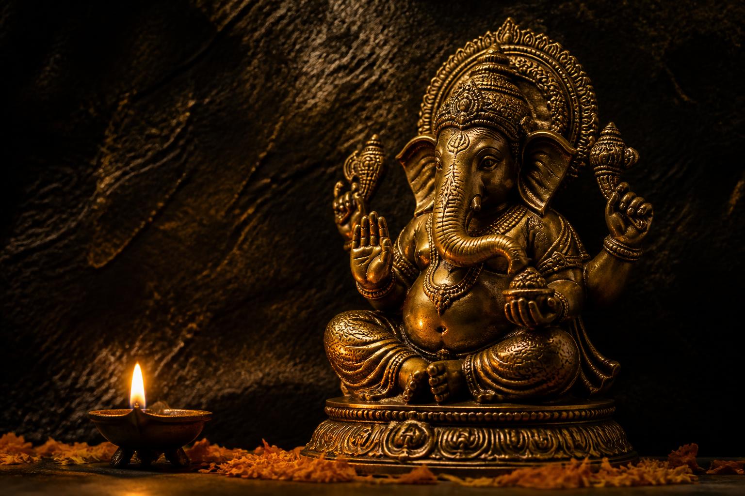Brass Ganesha idol with diya — invocation before every Akshay Buildwell groundbreaking